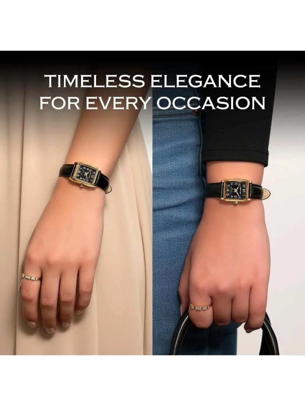 Women's Arabic Gold Case Black Dial Dainty Vintage Tank Classic Square Watches